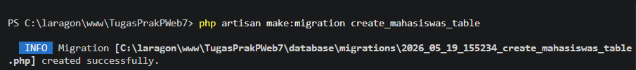 Output pembuatan migration mahasiswa